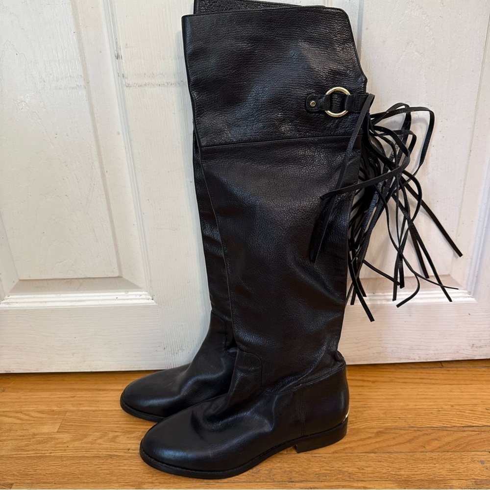 Michael Kors Black Leather Knee-High Tassel Boots 7